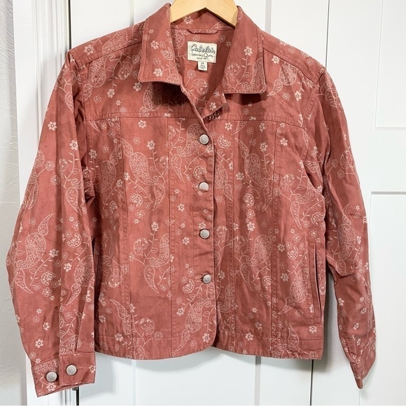 𝅺cabela’s dusty rose jean jacket paisley dusty rose trucker jacket size medium - Picture 1 of 8